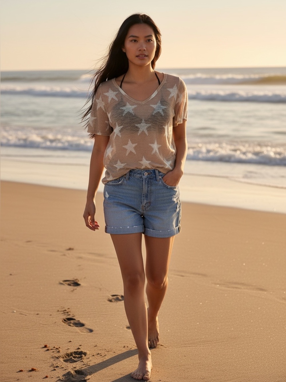 BiBi Beige and White Star Pattern Blouse